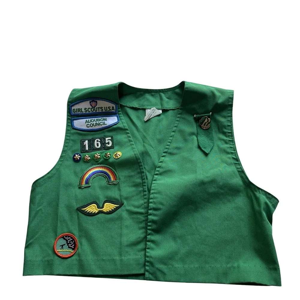 Vintage 90s Girl Scouts USA Vest Green Medium w/ Patches Badges Pins Collectible
